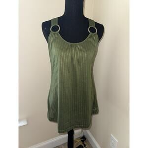 Y2K Green Striped Cami Boho Top 10 00s Sleeveless Large Circle Accent